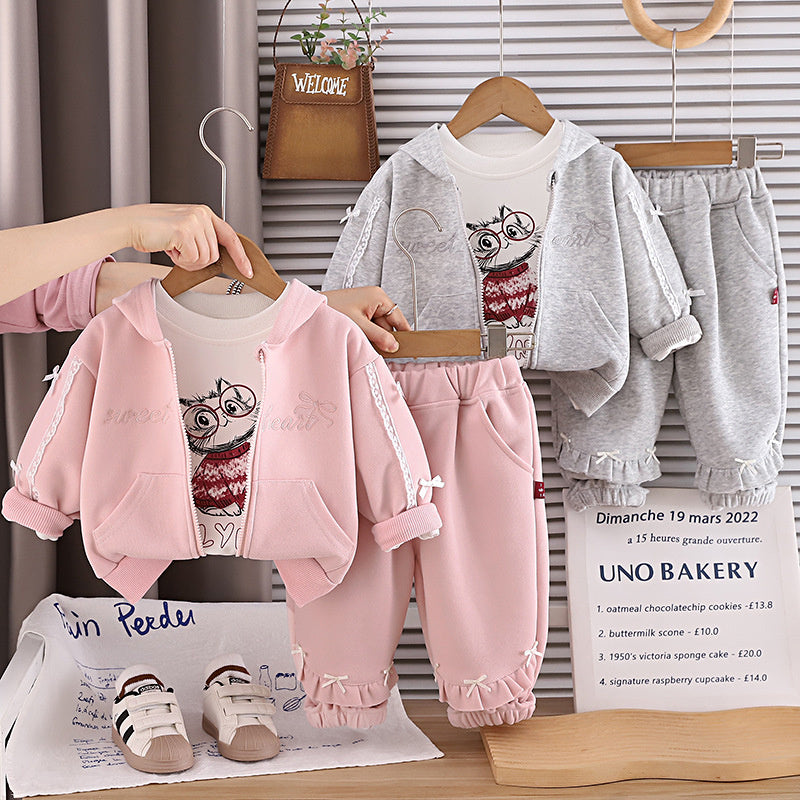New stylish girls' outfit: sweet hooded bow jacket three-piece set for toddlers, trendy spring and autumn wear