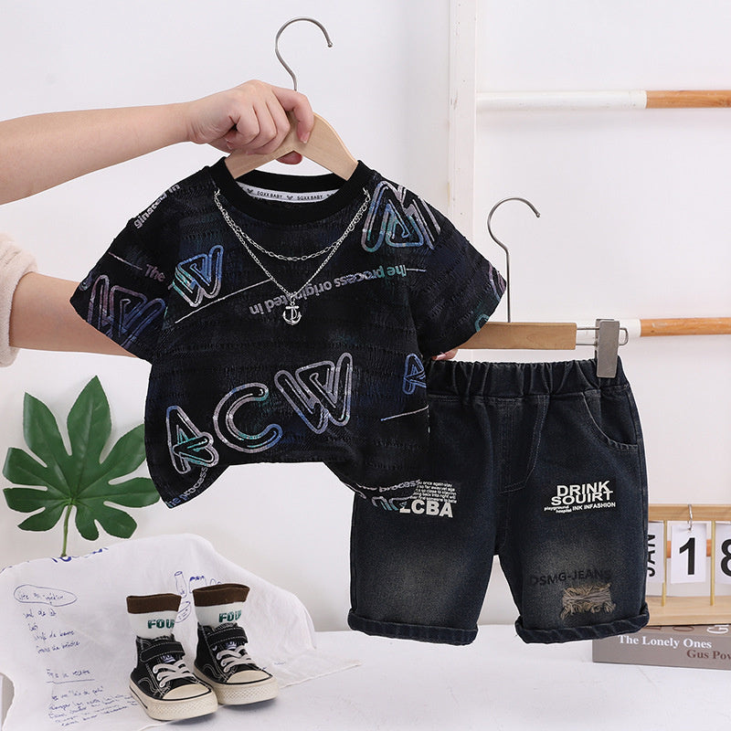 Outfit Children's 2026 New Necklace Letter Short Sleeve Boys Clothes Baby Summer Two-Piece Set