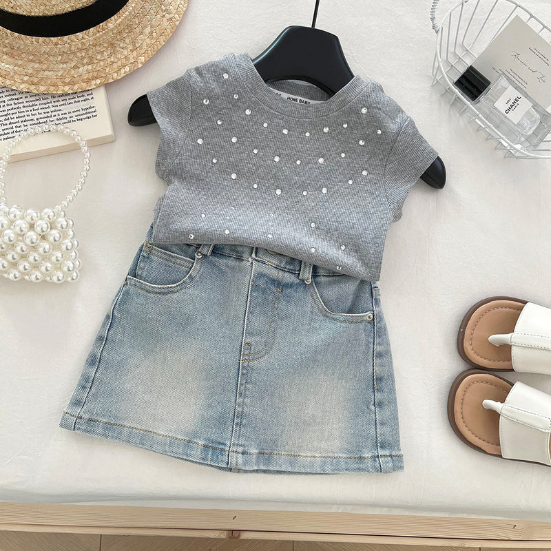 Girls' Summer Korean Style Short Sleeve T-Shirt Set 2025 New Fashionable Baby Girl Two-Piece Outfit with Sparkling Rhinestone Denim Skirt
