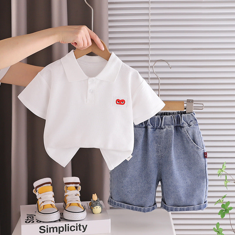 Boys' Outfit Set with Heart-Shaped Button Placket, Short Sleeve, 2026 New Model Children's Clothing for 3-Year-Old Boys, Summer Toddler Fashion
