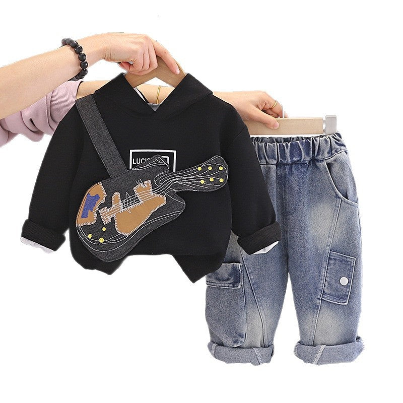 Boys' Spring and Autumn 2026 New Stylish 3 Children's Long Sleeve Patch Guitar Two-Piece Set Baby Clothes for 1-Year-Old Boys