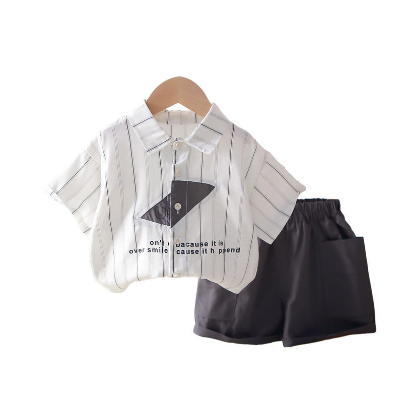 Boys' Outfit 2026 New Model 1-3 Year Olds, Summer Style for Toddlers, English Striped Short Sleeve Shirt Two-Piece Set