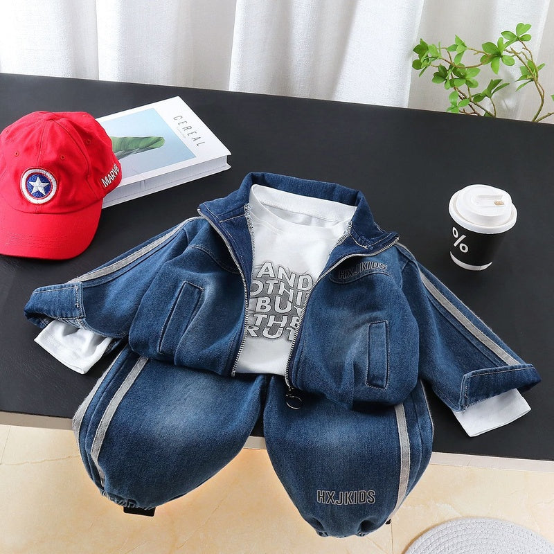 Boys' 2026 New Stylish Baby Fall Outfit with Vertical Stripes on the Shoulders, Denim Three-Piece Set for Children, Spring and Autumn Style