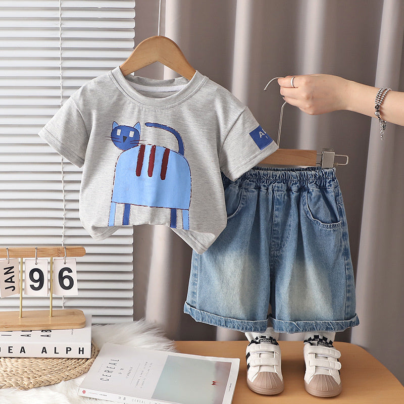 Boys and girls' summer 2026 new style children's sports cartoon cat short-sleeve shorts two-piece set trendy
