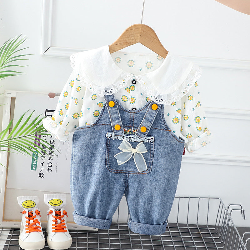 Wuxiaoqi Children's Clothing 2025 Spring and Autumn New Style 0-5 Years Old Girls' Small Floral Doll Collar Denim Strap Two-Piece Set