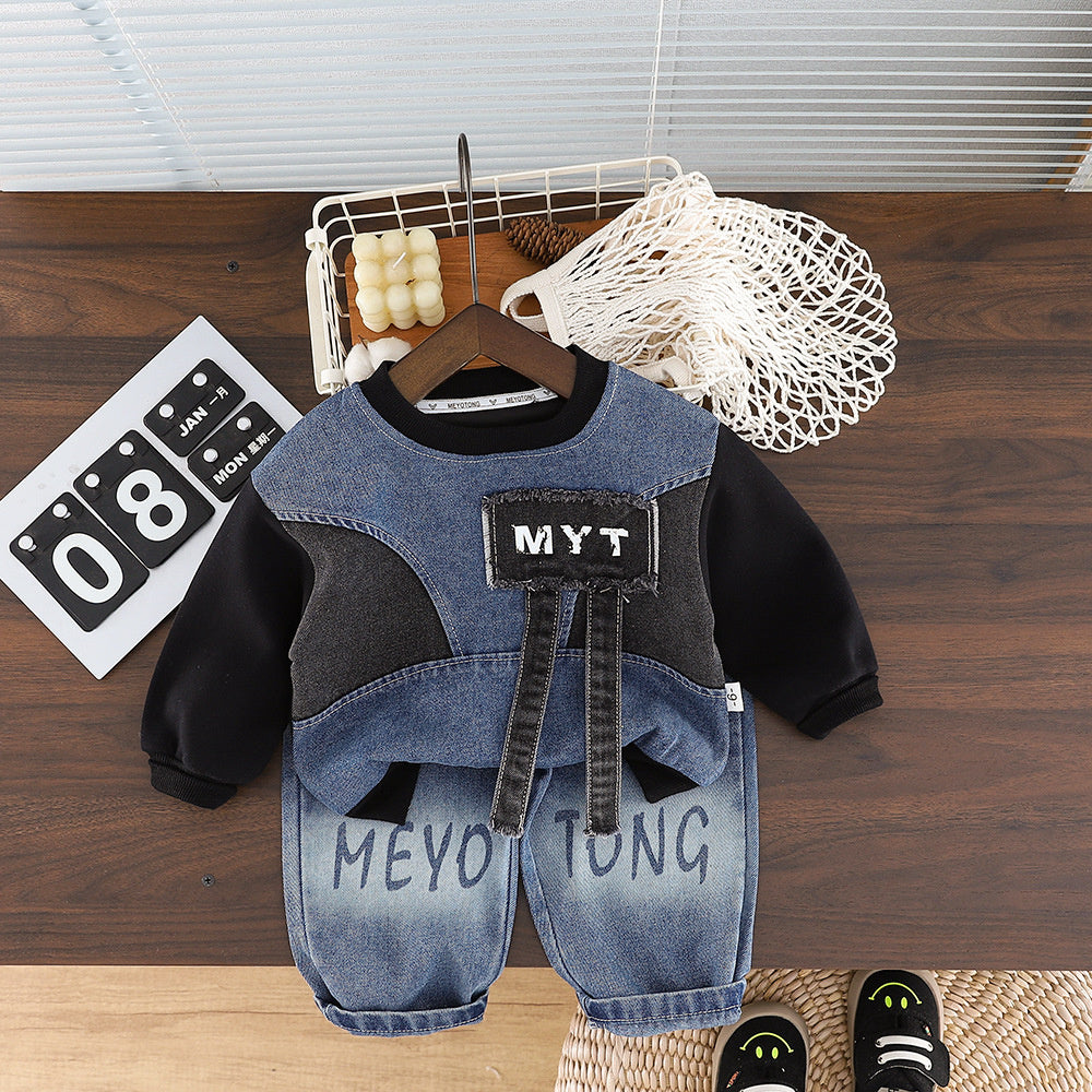 Boys' Outfit 2026 New Spring Autumn Clothes for Infants and Children, Denim Patchwork Round Neck Shirt Two-Piece Trendy Set