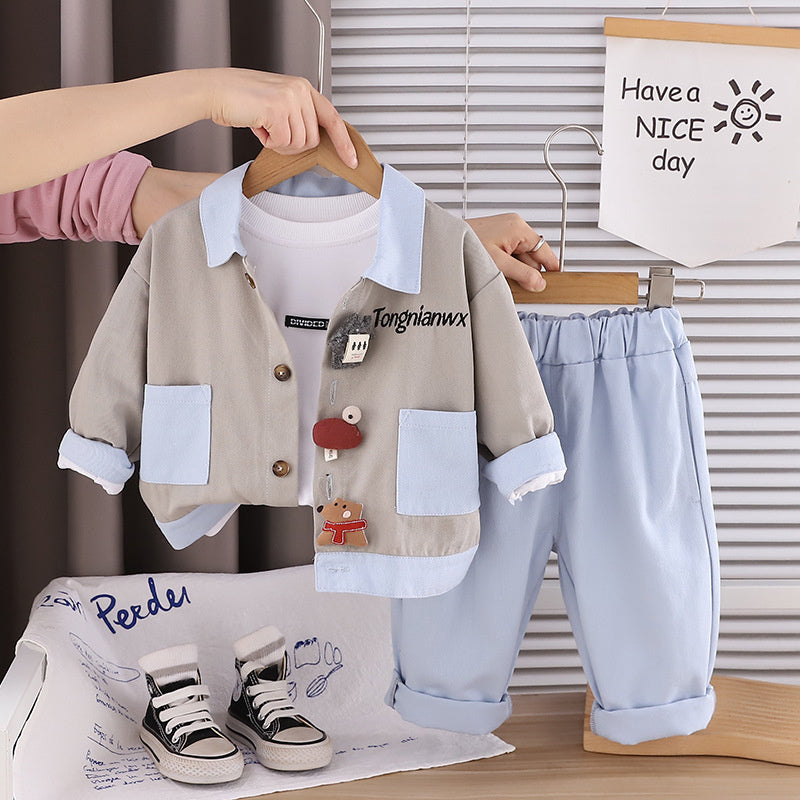 Boys' Color-Block Outfit, Children's 2026 Fashionable Baby New Three-Piece Set, Spring and Autumn Cartoon Jacket with Long Sleeves