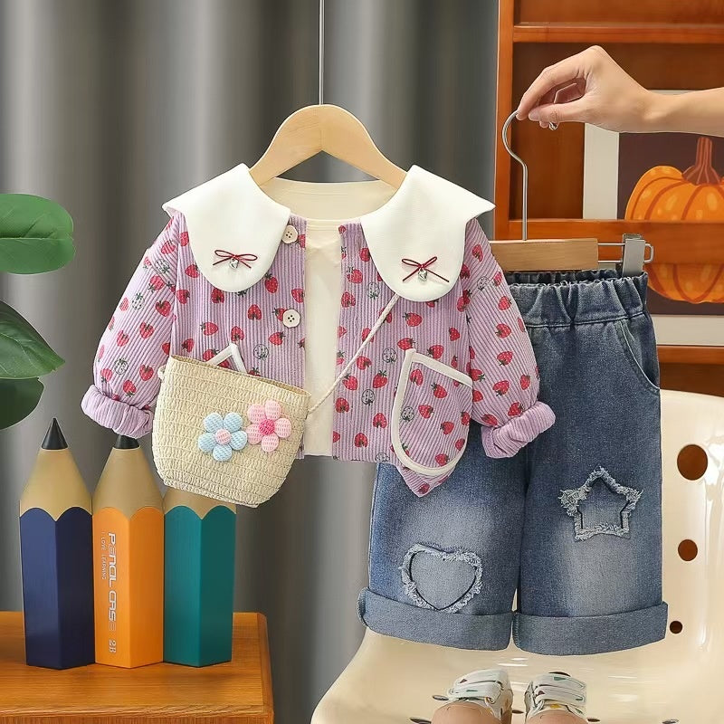 Girls' Spring Outfit Fashionable Stylish Children's Girl Clothes 1-3 Years Old Baby Strawberry Doll Collar Three-Piece Set Trendy