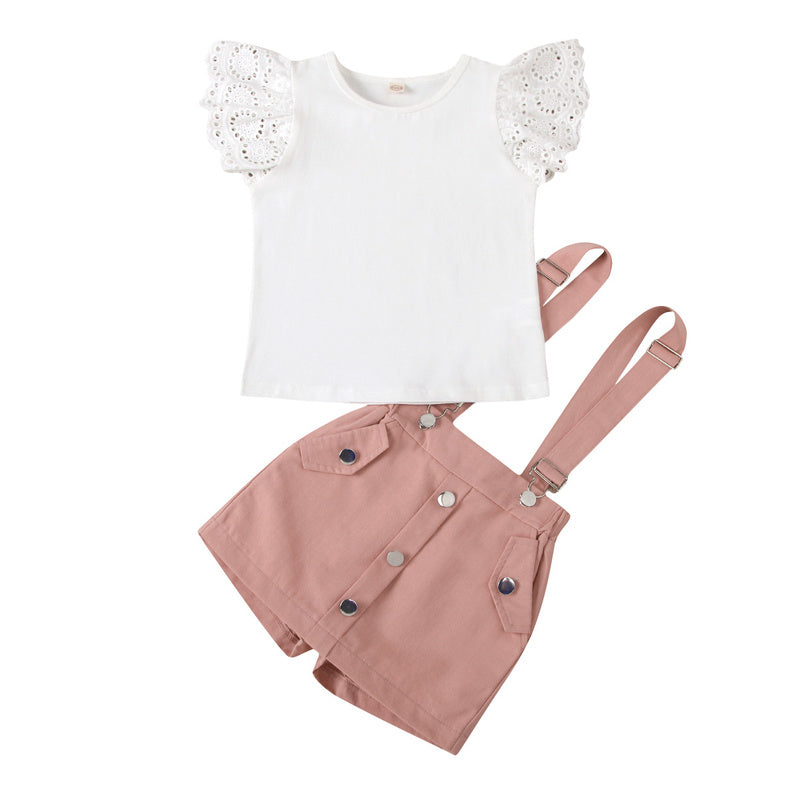 2022 European and American cross-border new children's clothing: solid color hollowed-out fly-sleeve round-neck top with detachable suspender shorts-skirt