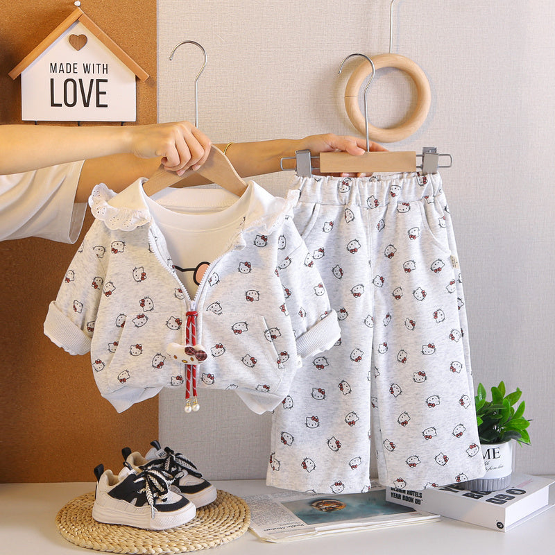 Girls' Outfit Set, Stylish Baby Spring Autumn Full-Body Cartoon Clothes, Infant and Little Girl Three-Piece Set Wholesale