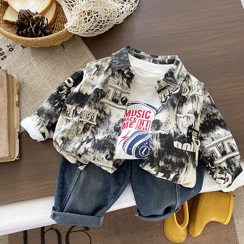 Boys' Suit and Autumn Style Baby Spring 2026 New Fashionable Letter Print Jacket Three-Piece Casual Children's Outfit
