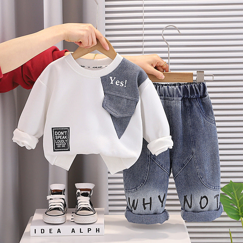 Boys' Spring and Outfit 2026 New Fashionable Letter Patchwork Sweatshirt Set Baby Autumn Toddler Clothes Children's Trendy Clothing