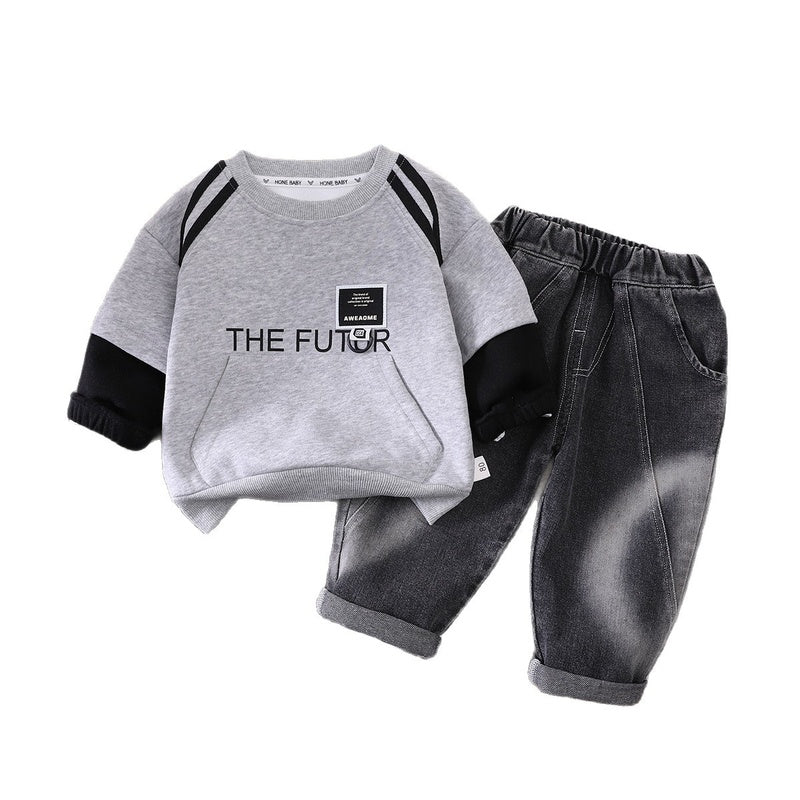 Boys' Round Neck Pocket Sweatshirt 2026 New Spring and Autumn Style Children's Casual Sports Two-Piece Set
