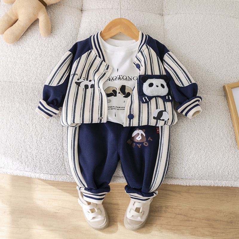 Wuxiaoqi Children's Clothing 2025 Spring and Autumn New Style 0-4 Years Old Boys Vertical Striped Panda Baseball Uniform Long T-shirt Pants Set