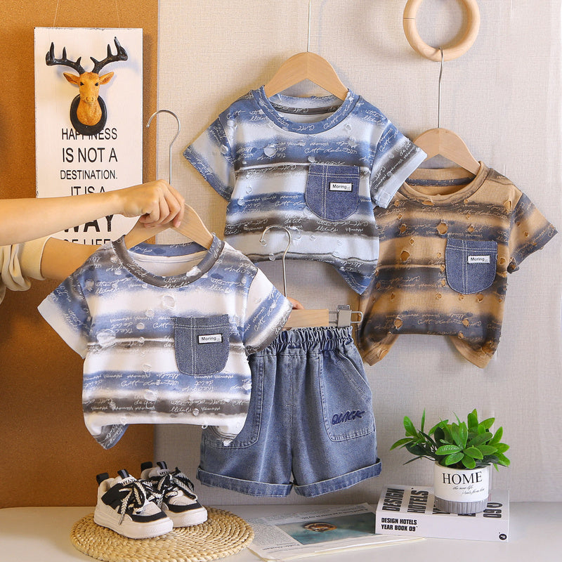 Boys' Outfit 2026 New Style Children's Casual Baby Boy Summer Small Letter Wave Pattern Short Sleeve Two-Piece Set