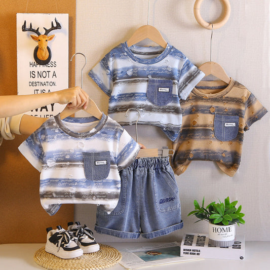 Boys' Outfit 2026 New Style Children's Casual Baby Boy Summer Small Letter Wave Pattern Short Sleeve Two-Piece Set