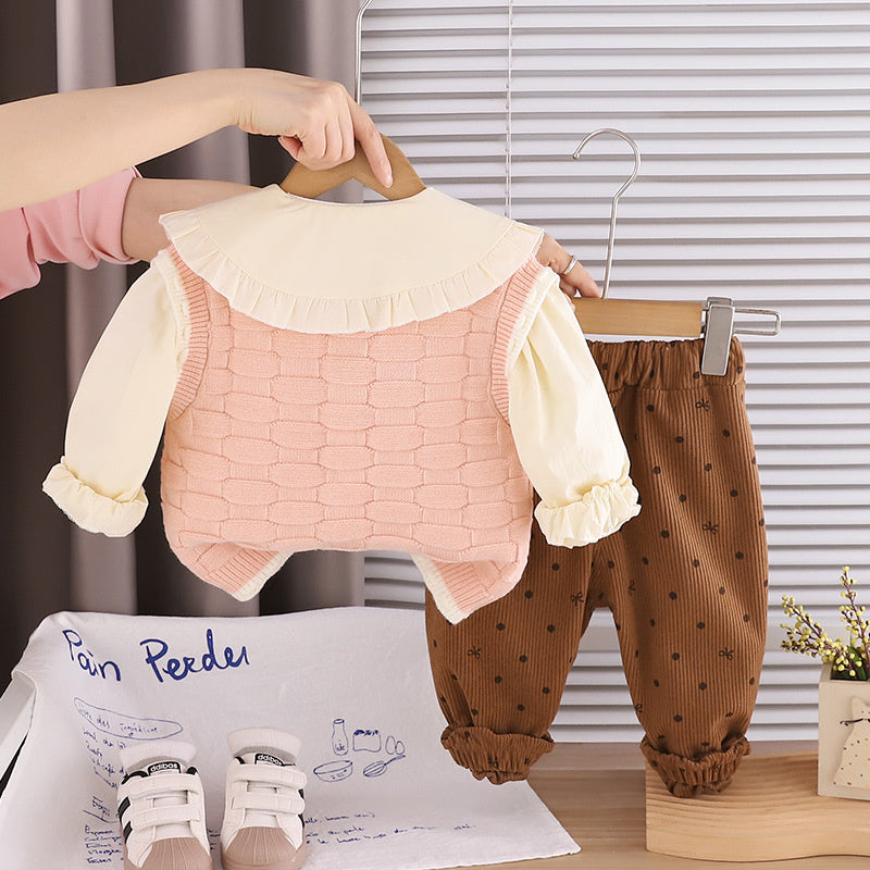 Baby girl spring outfit set, stylish children's clothing for toddlers, 1-3 years old, trendy pocket bunny sweater three-piece set