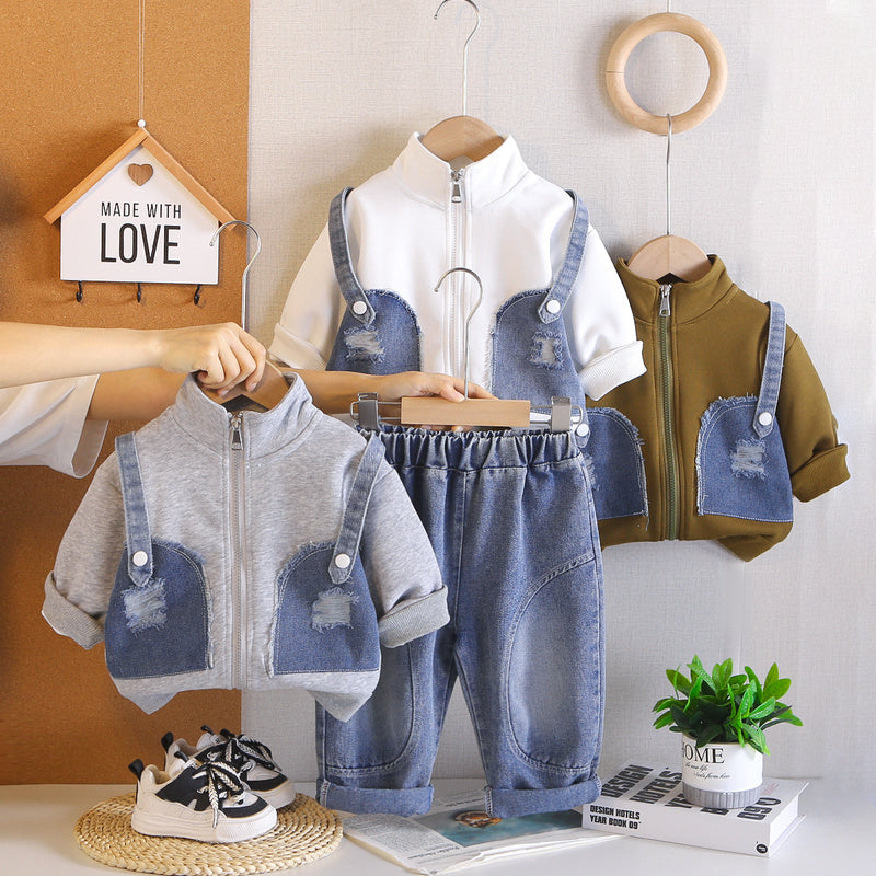 Boys' Sports Suit 2026 Spring Autumn New Casual Fake Suspender Two-Piece Set for Children and Toddlers