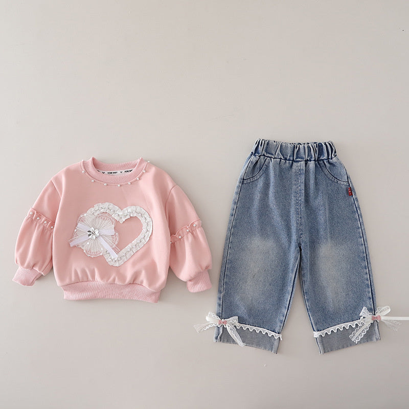 Girls' Outfit 2026 New Fashionable Baby Spring Autumn Heart-Shaped Lace Two-Piece Set for Infants and Girls