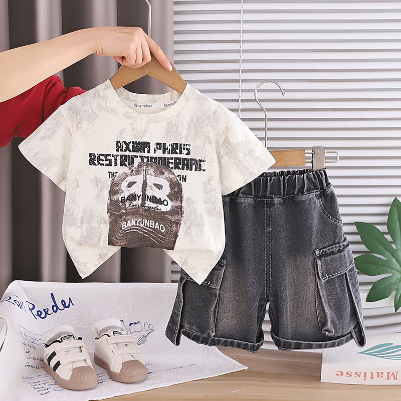 Baby Outfit Set 2026 New Model Boys' Letter Print Hat Short Sleeve Shorts Infant Children's Clothing Stylish for Toddlers in Summer
