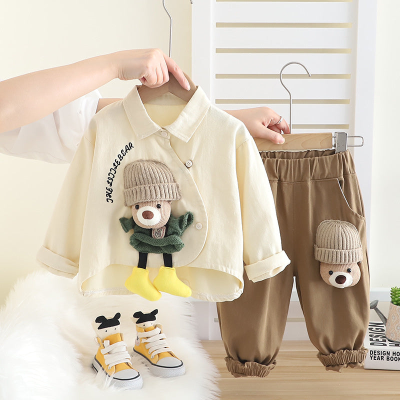 Baby Stylish Fashionable Outfit 2025 New Children's Plush Bear Shirt Two-Piece Set Boys Spring and Autumn Long Sleeve