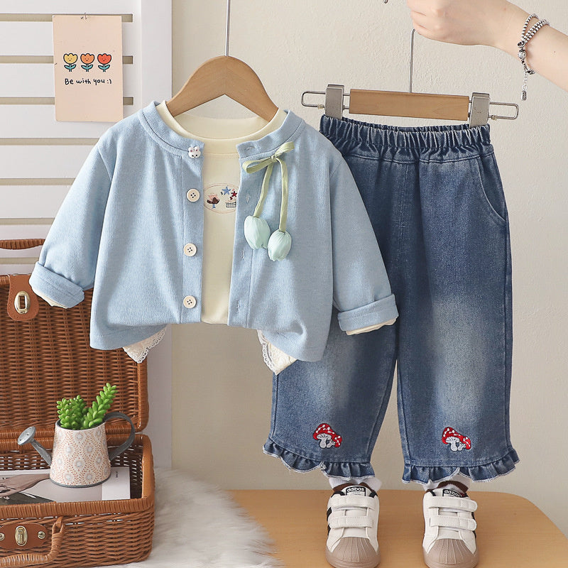Girls' Outfit 2026 New Fashionable Tulip Cardigan Three-Piece Set Baby Spring and Autumn Casual Infant Children's Trendy Clothing