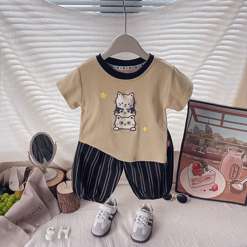 Boys' Summer Outfit Cartoon Kitten Short Sleeve 2026 New Fashionable Children's Baby Striped Shorts Two-Piece Set Trendy