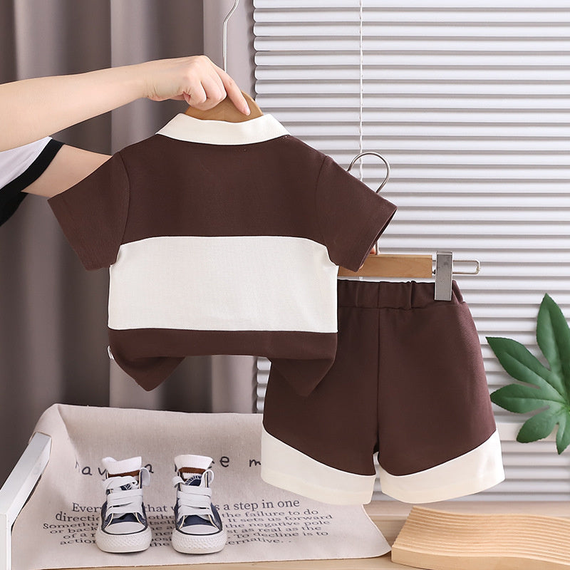 Korean-style boys' summer outfit 2026 new model baby English letter color-blocking turn-down collar short-sleeve button-front children's two-piece set