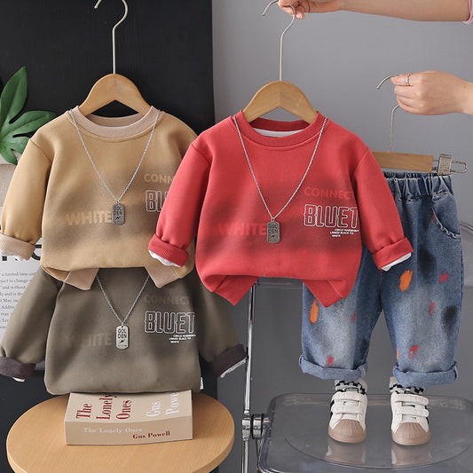 Boys' Spring and 2026 New Korean Version English Sweatshirt Two-Piece Set for Children, Baby Autumn Casual Long Sleeve Trendy Outfit