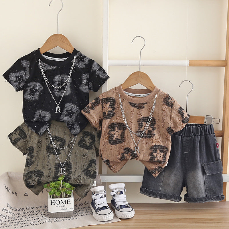 Boys' Outfit Set 2026 New Summer Style Children's Star Smiley Face Short Sleeve Necklace Two-Piece Baby Clothes Trendy