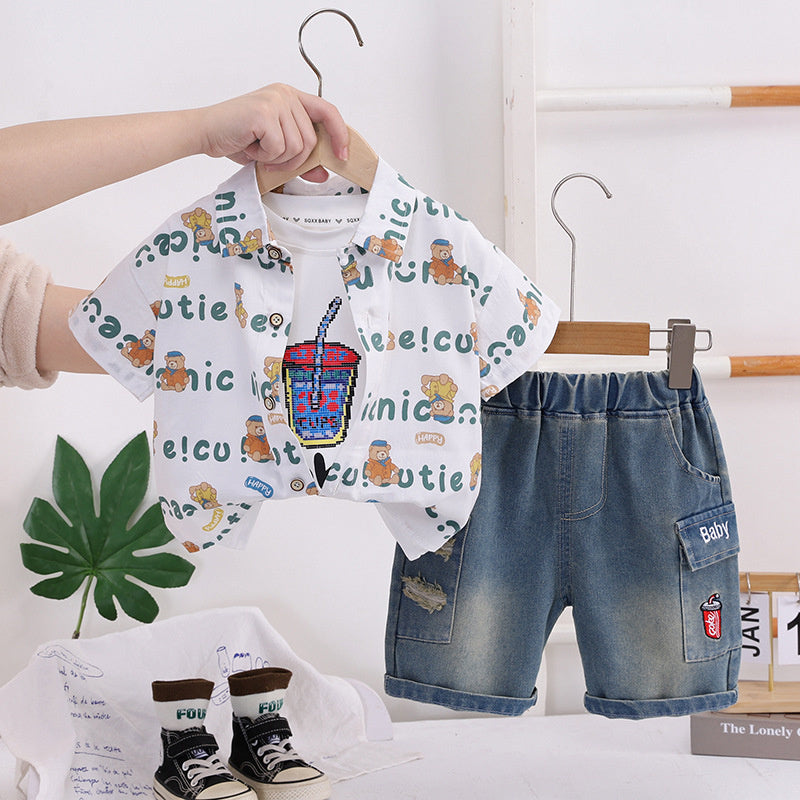 Boys' Outfit 2026 New Fashionable Baby Summer Letter Bear Cardigan Three-Piece Set Infant Children's Clothing