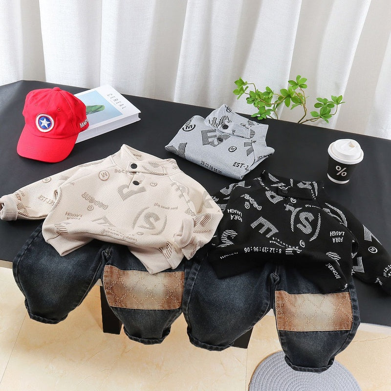 Boys' Outfit 2026 New Korean Style Spring Autumn Two-Piece Set for Boys with Stand Collar and Large Letter Print