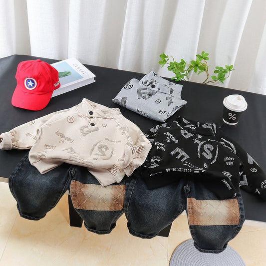 Boys' Outfit 2026 New Korean Style Spring Autumn Two-Piece Set for Boys with Stand Collar and Large Letter Print