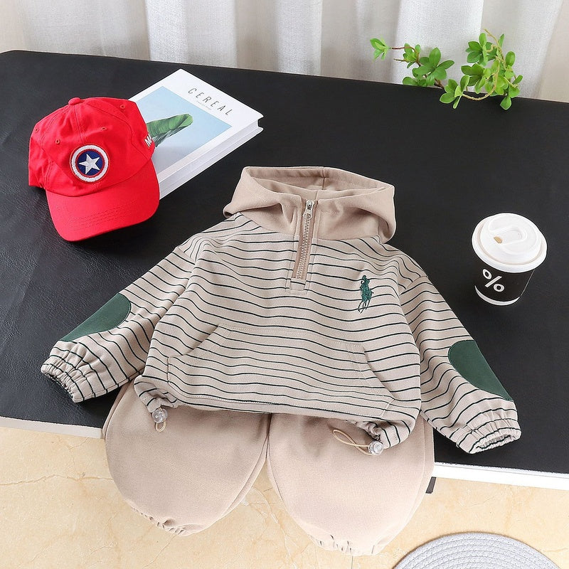 Boys' Outfit 2026 New Style Infant Children's Spring Autumn Striped Hooded Sweatshirt Two-Piece Set for Boys, Stylish and Trendy