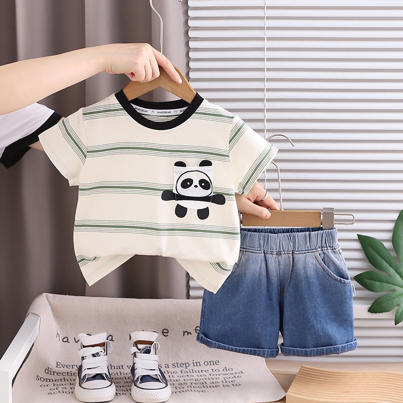 Children's Summer Outfit 2026 New Style Boys' Stylish Cartoon Pocket Short Sleeve Baby Sports Two-Piece Set Wholesale