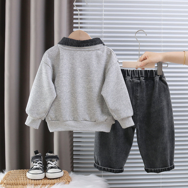 Children's Outfit 2026 New Style Boys' Stylish Detachable Denim Collar Letter Two-Piece Set Baby Spring and Autumn Clothing