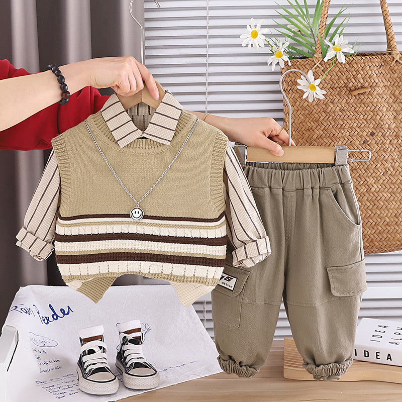 Boys' outfit stylish baby striped color-block sweater three-piece set, infant children's spring and autumn trendy clothing