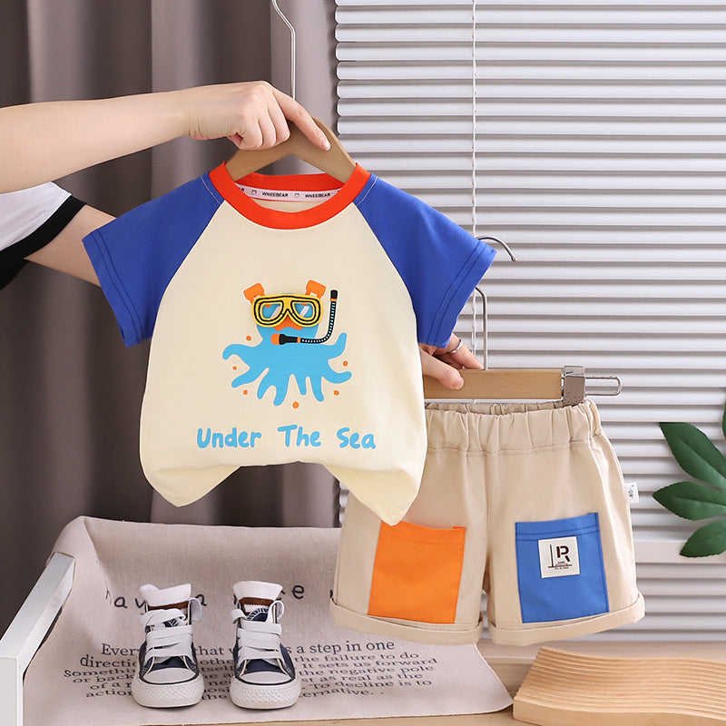 Boys' Short-Sleeve 2026 Trendy New Outfit Cartoon Raglan Sleeve Clothes Children's Summer Two-Piece Casual Set