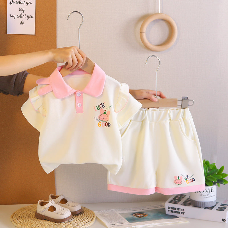 Girls' Outfit 2026 New Style Baby Children's Summer Clothes and Stylish Cute Lapel Rabbit Short Sleeve Two-Piece Set