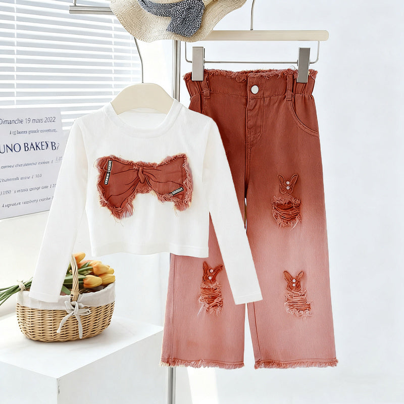 Outfit 2025 Children's Sleeveless Ripped Jeans Two-Piece Set for Big Girls Summer Fashion