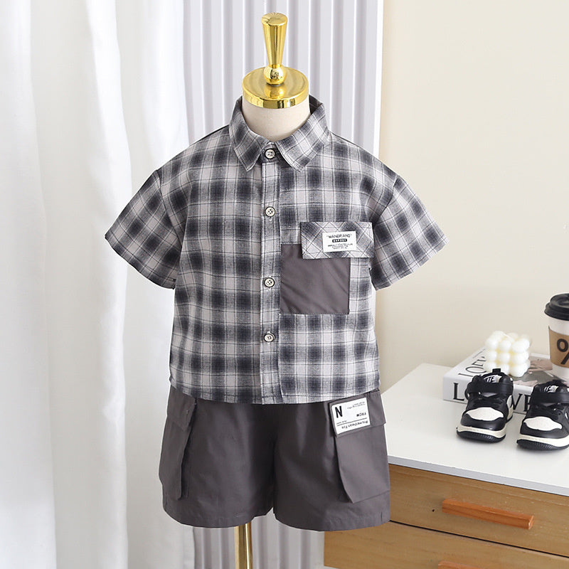 Boys' Outfit 2026 New Fashionable Patchwork Plaid Two-Piece Set Baby Summer Short-Sleeve Infant Clothes Trendy