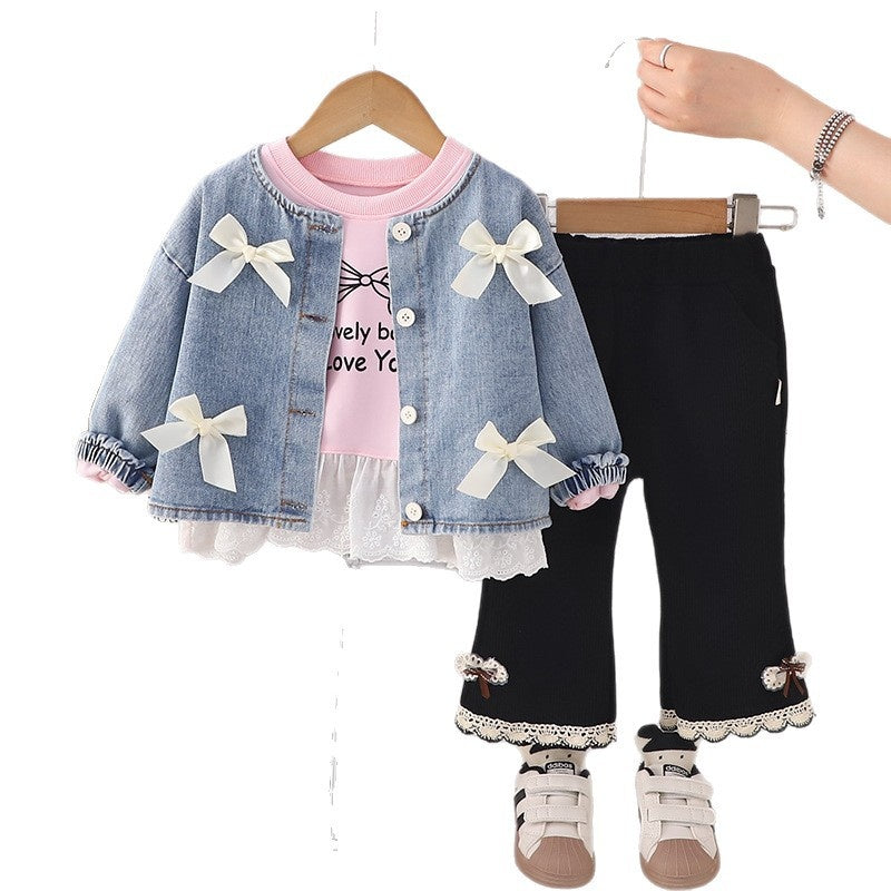 Girls' Denim 2025 New Toddler Baby Spring Autumn Bow Lace Jacket Three-Piece Set Trendy