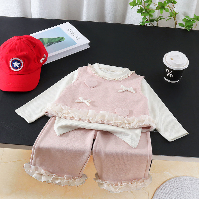 Children's clothing for girls, stylish outfit fashionable girl spring and autumn lace heart-shaped vest three-piece set, trendy baby clothes
