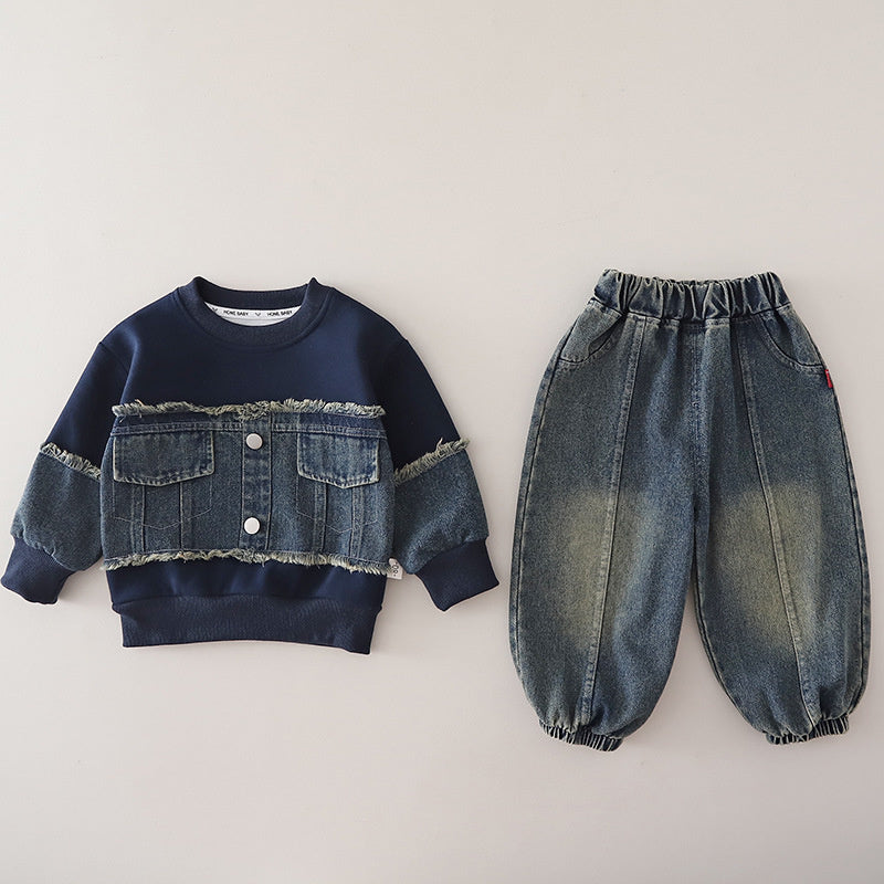 Boys' Outfit Baby 2026 New Fashionable Infant Spring and Autumn Denim Patchwork Sweatshirt Two-Piece Set Trendy