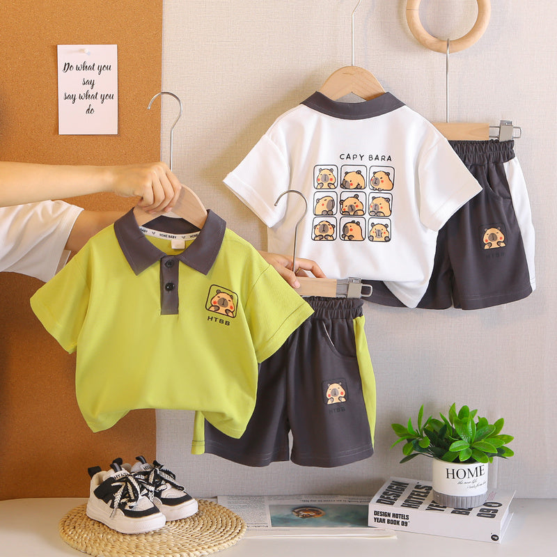 Children's clothing set, boys' outfit, cartoon button-up shirt, short-sleeved, baby summer 2026 new stylish two-piece set