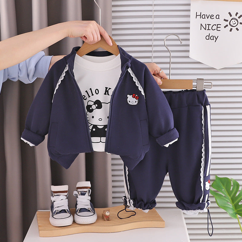 Girls' Outfit: Stylish and Fashionable Lace Embroidered Jacket Three-Piece Set, Baby Spring Cartoon Clothes, Trendy Infant Clothing