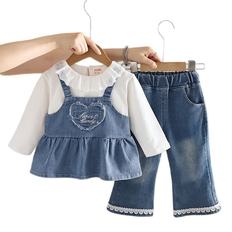 Girls' Spring and Outfit 2026 New Fashionable Children's Love-Heart Denim Suspender Three-Piece Set Baby Autumn Trend Wholesale