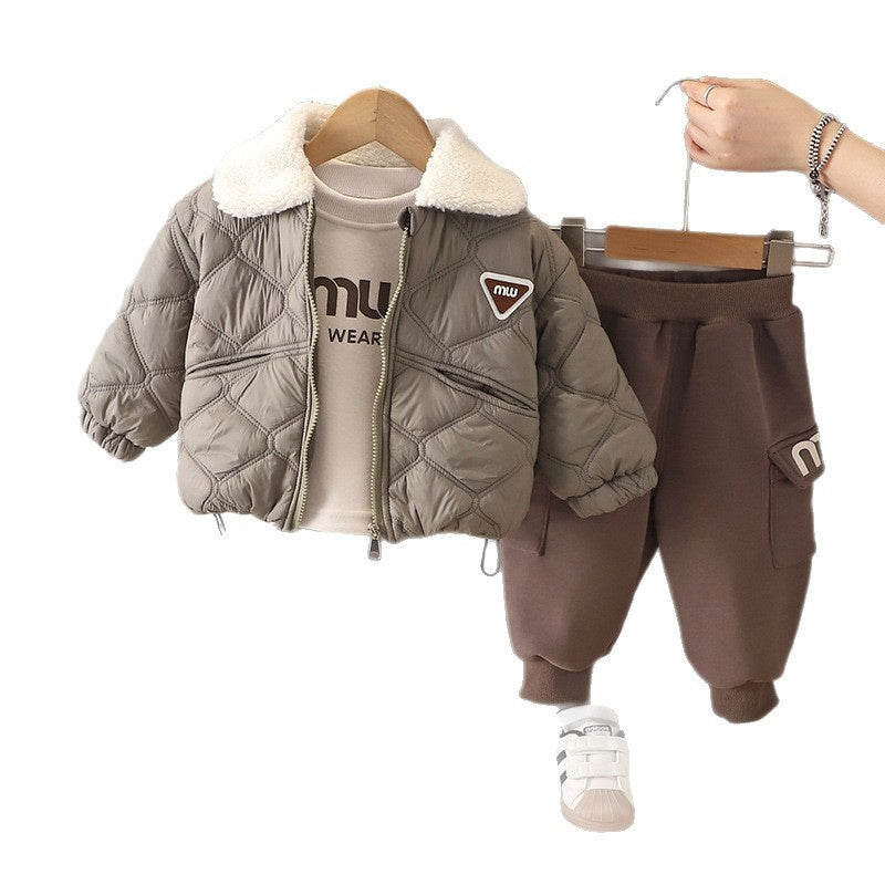 Suit Children's Autumn and Thickened Turn-down Collar Jacket Three-piece Set 2025 New Stylish Boys' Winter Clothes