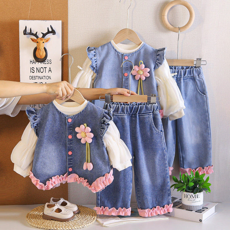 Girls' Outfit Spring and Autumn 2026 New Fashionable Children's Rose Flower Denim Three-Piece Set Trendy Wholesale