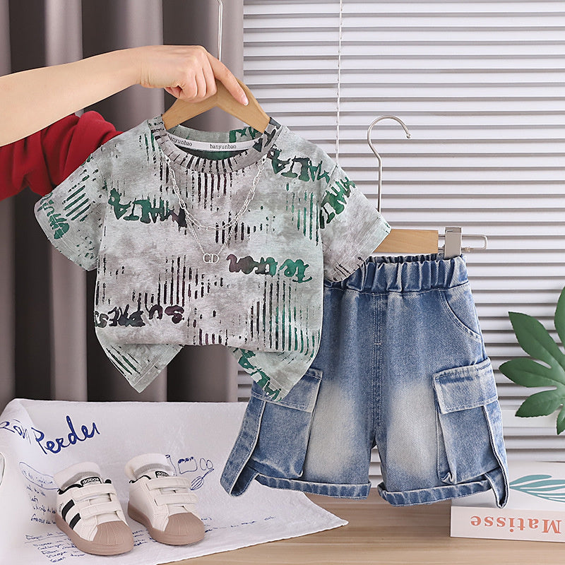 Boys' Summer Outfit Set 2026 New Fashionable Stylish Toddler Short Sleeve Shirt with Gradient Lines and Pants for Baby Boys